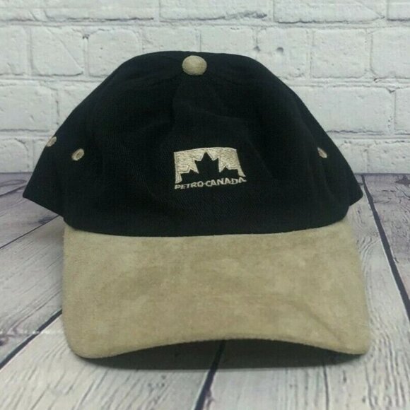 Vintage PETRO Canada Hat Baseball Cap Logo Embroidery Leather Bill Black 90s - Picture 1 of 8